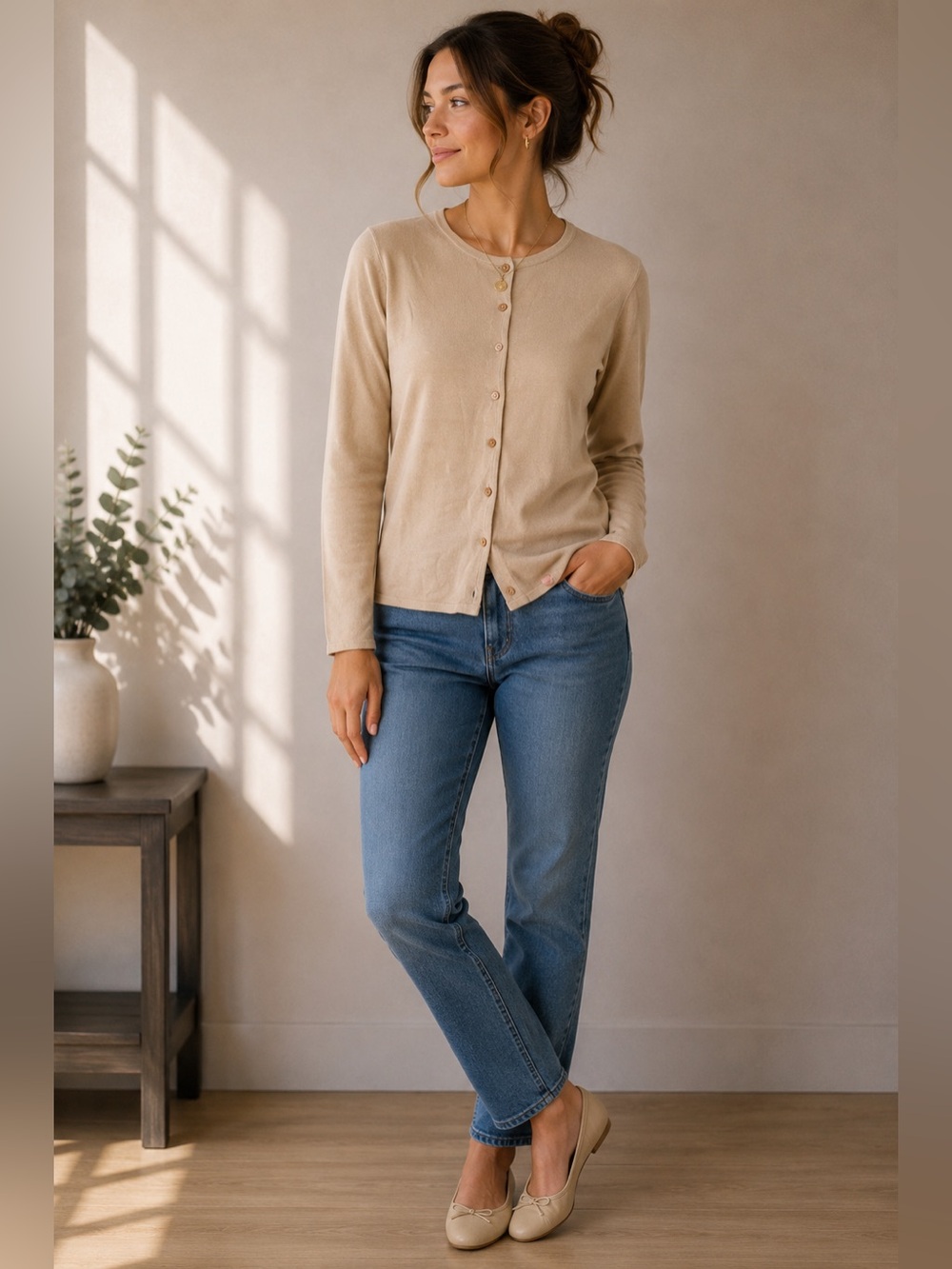YARNWORKS Classic Beige Button-Front Women's Cardigan Cotton-Rayon Blend